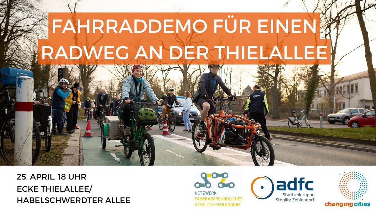 🚲​ Wir sagen #NichtMitUns und demonstrieren für die Umsetzung des Radweges, um endlich auch in der #Thielallee sicher fahren zu können.
Mit dem Rad zur Arbeit oder zur @fu_berlin? Ja bitte
💚​ #Mobilitätswende 
📅​ 25. April
⏰​  18 Uhr
📍​ Ecke Thielallee/Habelschwerdter Allee