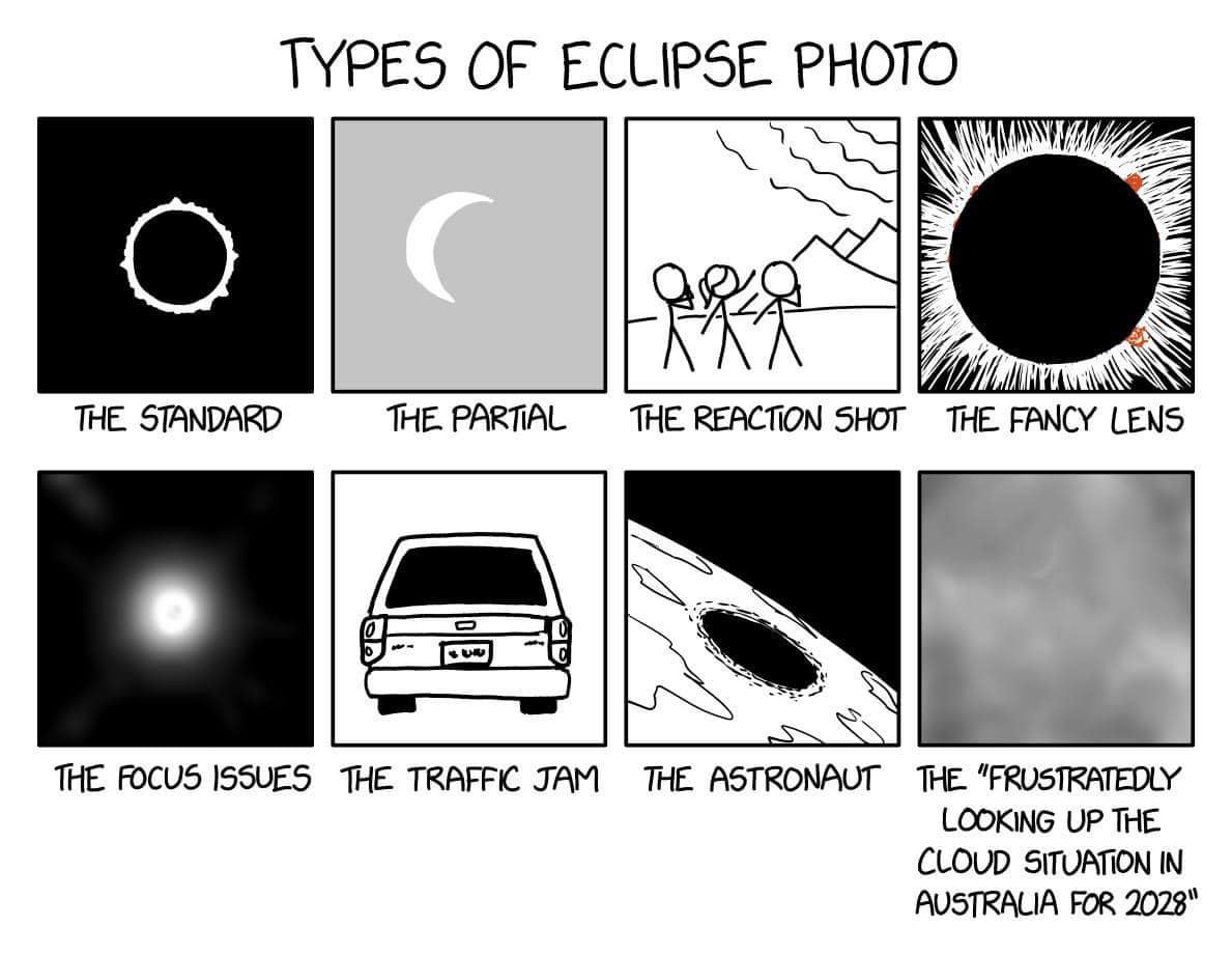 ☀️😎Not sure if you've been 'eclipsed to death,' but we thought this one was really spot on! 😅😂 (Image Credit: @xkcd) #eclipse2024 #eclipse #TotalSolarEclipse #solareclipse