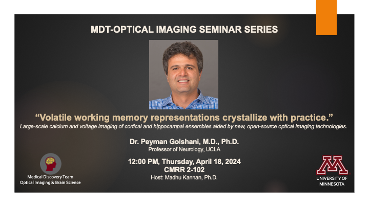 Thrilled to host @pgolshani this Thursday, 4/18, for our MDT-Optical Imaging seminar series! Join us to learn about cutting-edge calcium and voltage imaging of large hippocampal ensembles and how practice stabilizes memory representations. @UMNeurosci @UMN_CMRR