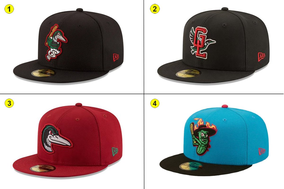 Dad and I will visit the @MiLB @greatlakesloons on June 23 as part of our 23-team Eastern Midwest Road Trip. I limit myself to one hat per team. Which should it be? 1, 2, 3, or 4? (Or post an alternate in the comments.) #23ballparks23days