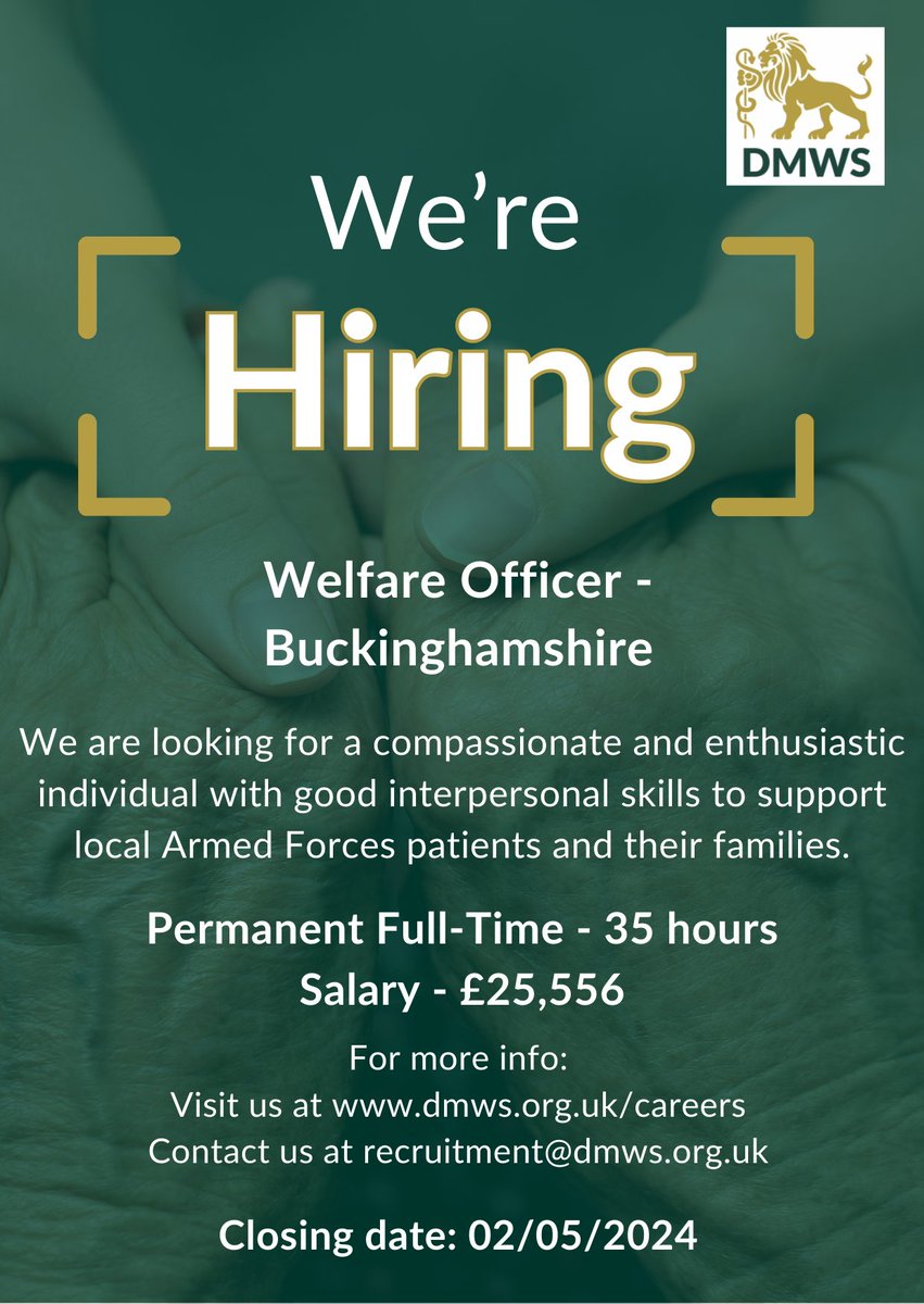 Job Vacancy: Welfare Officer - Buckinghamshire Do you want to make a real difference to the lives of members of the Armed Forces Community? To apply, please visit dmws.org.uk/careers/welfar… #DMWS #supportingthefrontline