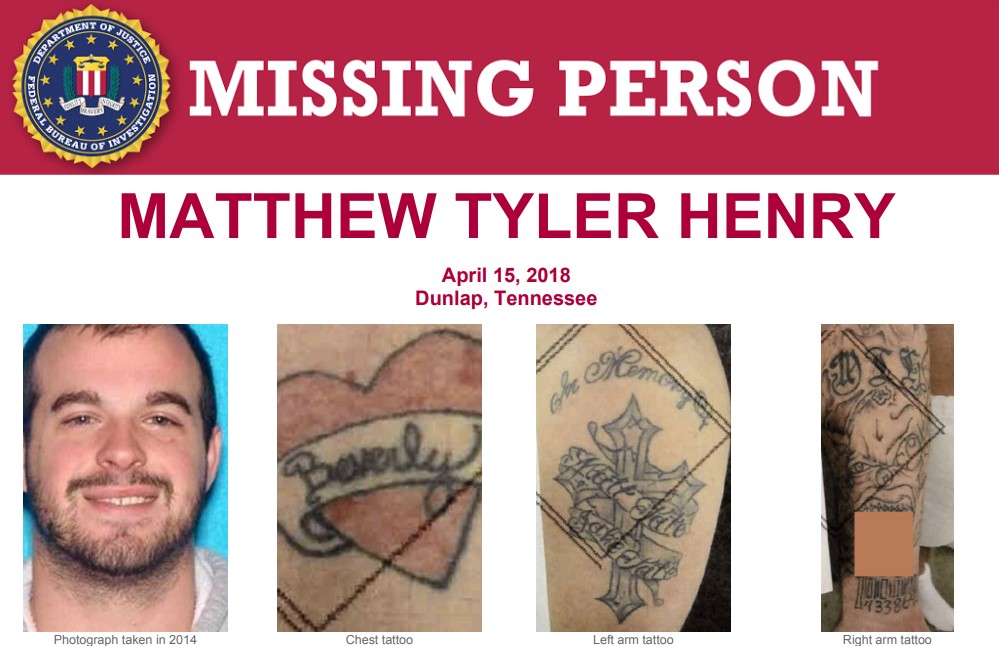 FBIMostWanted's tweet photo. Matthew Tyler Henry was last seen on April 15, 2018, in Dunlap, Tennessee. He has tattoos on his chest, his upper left arm, and his entire right arm. Henry was last seen wearing his facial hair in a full beard. Help the #FBI find him: https://t.co/zA0ybaxkSS https://t.co/B01I9WN9iz