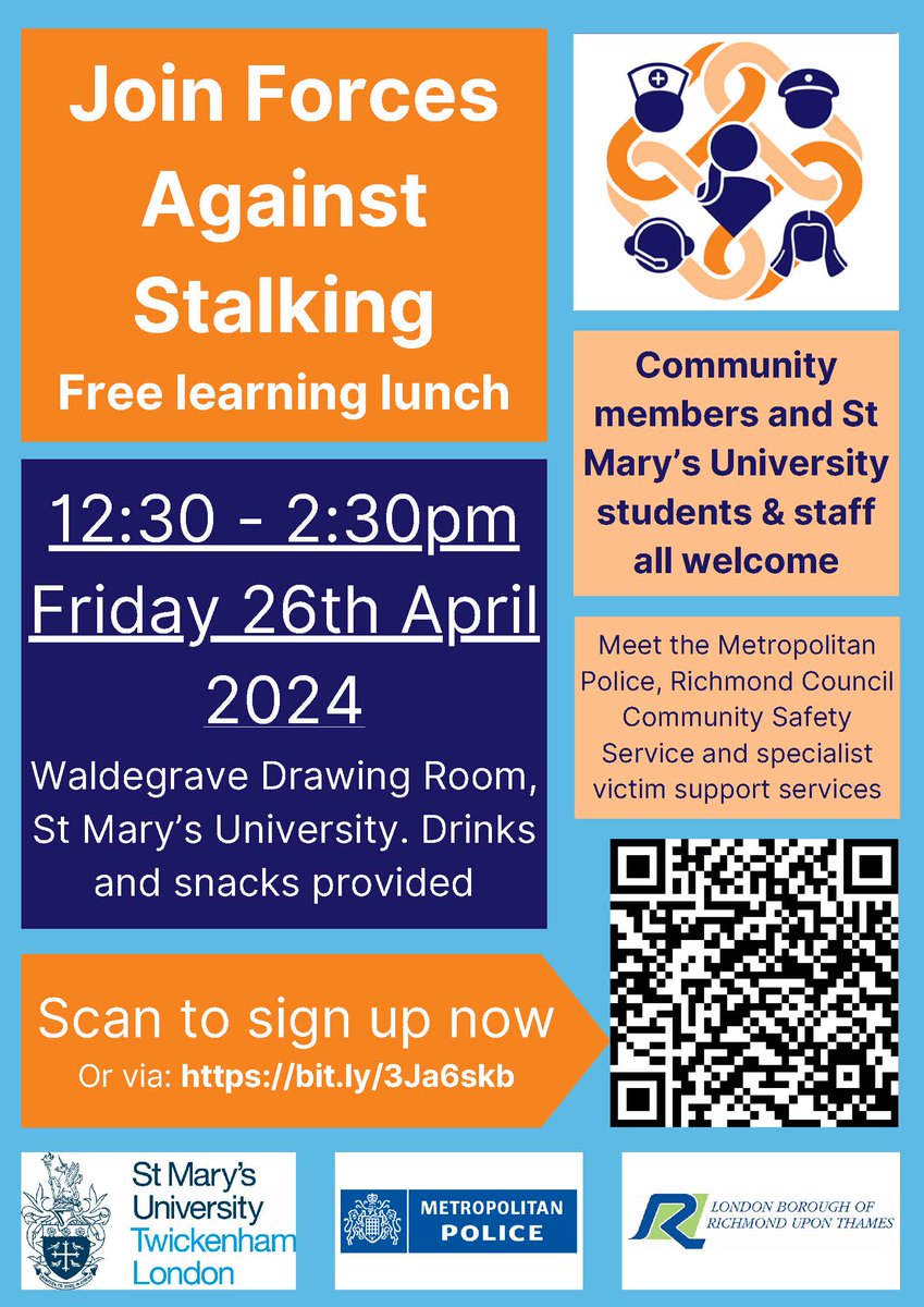 Join Forces Against Stalking at Our Free Learning Lunch! 12:30pm - 2:30pm on Friday 26th April at Waldegrave Drawing Room, ST Mary's University Sign Up Here 👇 ow.ly/nbst50Rg6bM