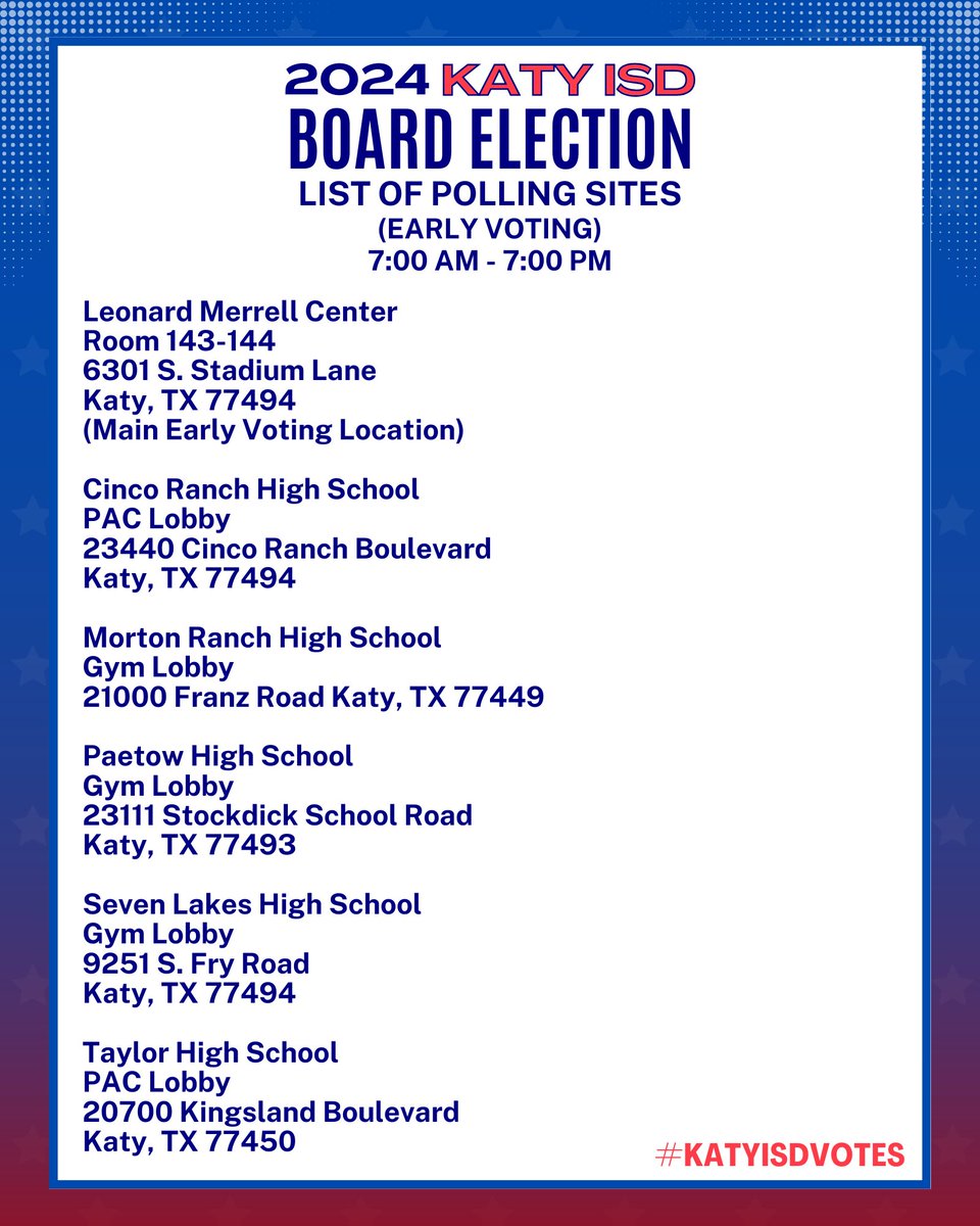 Early Voting begins one week from today, April 22! 🗳️ For more information on the Katy ISD 2024 Board Election and polling locations for Early Voting and Election Day, visit: katyisd.org/domain/4308 #YourDistrictYourVoice #KatyISDVotes