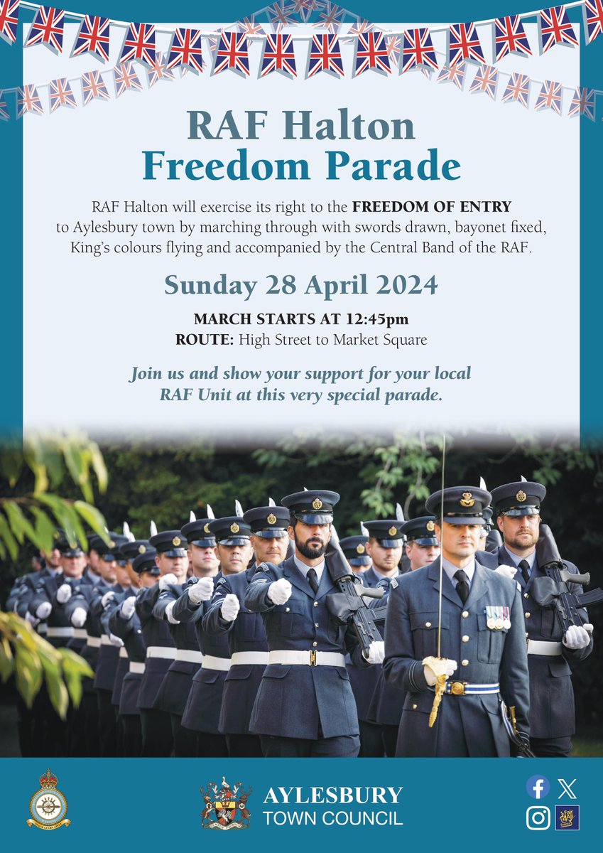 .@RAFHalton will exercise the right to the Freedom of Entry to Aylesbury by marching with swords drawn, bayonet fixed, King's Colours flying and accompanied by the Central Band of the RAF on 28 April 12:45pm. Show your support for your local RAF unit. fb.me/e/3GzubpbRI