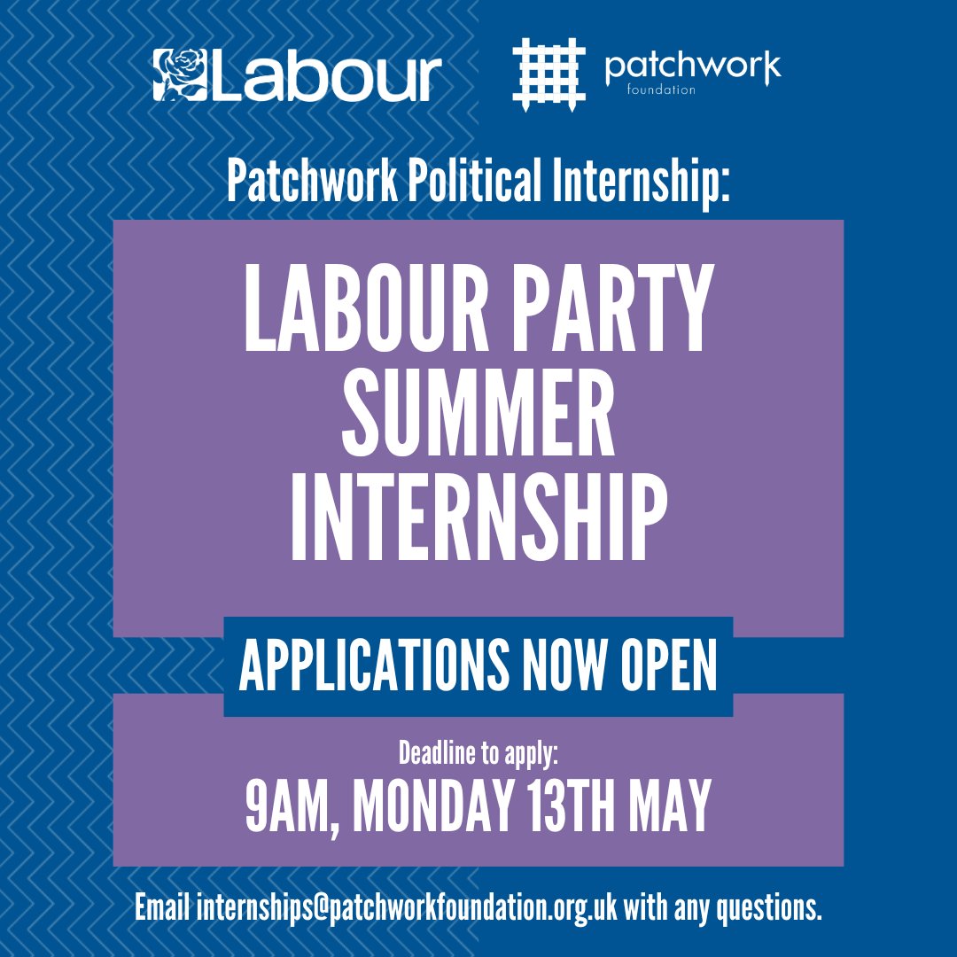 Applications for our summer internship with @UKLabour are now 🚨 OPEN 🚨 Interested in pursuing a career in professional politics, but not sure where to start? Our internship will give you all the tools to get started. Find out more and apply now: patchworkfoundation.org.uk/our-work/inter…
