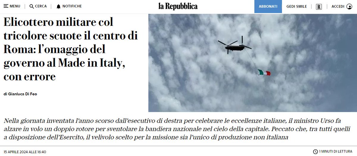 Abbiamo dei geni al governo. Per sponsorizzare quella porcata propagandistica della giornata del Made in Italy hanno addirittura scomodato l'esercito facendo volare l'unico elicottero non prodotto in Italia. Geni!!! Leggete e fatevi 4 risate...