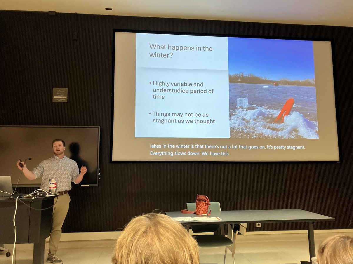 Show as ya go!  Last week, Bio Lim Lab wundergrad Drew Check and MS student Levi Feucht presented preliminary data on the seasonal eating habits of MN game fish. Both are seeing seasonal shifts in diet and lipid stores across species. 🐟