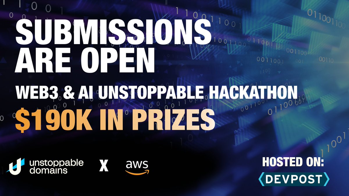 Get ready, the time has come! 🚀 Submissions for our Web3 and AI hackathon with @AWScloud and @Devpost are now open with $190k in UD and Amazon Activate credits up for grabs! The deadline is on June 10th! Be sure to join our workshop featuring a technical overview of UD and