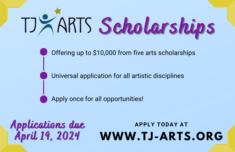 TJ_Arts09's tweet photo. This Friday, April 19 is the deadline for TJHS students to apply for up to $10,000 in scholarships sponsored by TJ Arts! Visit https://t.co/YbWN804ILJ for eligibility and the online universal application. https://t.co/27bktuYdkH