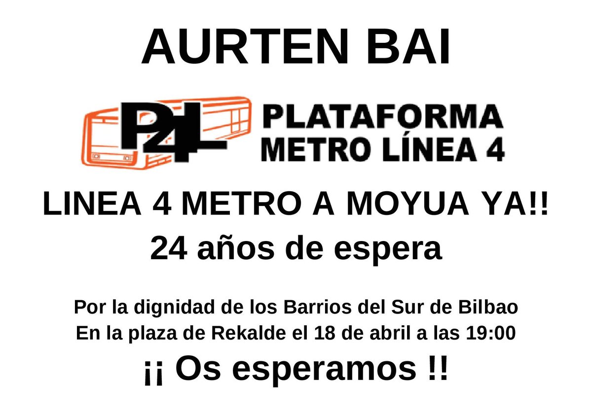 Manifestamos nuestro total apoyo a la manifestación convocada por la Plataforma Metro Línea 4 y animamos a acudir a tod@s l@s vecin@s.

📆 Jueves 18 Abril
⏰19:00h.
📌Plaza de Rekalde

<a href="/bilbao_udala/">Bilbao [Udala - Ayuntamiento]</a> <a href="/aavvbilbao/">Bilboko AEen Federazioa / Federación AAVVBilbao</a> <a href="/HegoaldeBizirik/">BilbokoHegoaldeaBizirik</a> <a href="/Gob_eus/">Eusko Jaurlaritza - Gobierno Vasco</a> <a href="/Bizkaia/">Bizkaiko Foru Aldundia/Diputación Foral de Bizkaia</a>