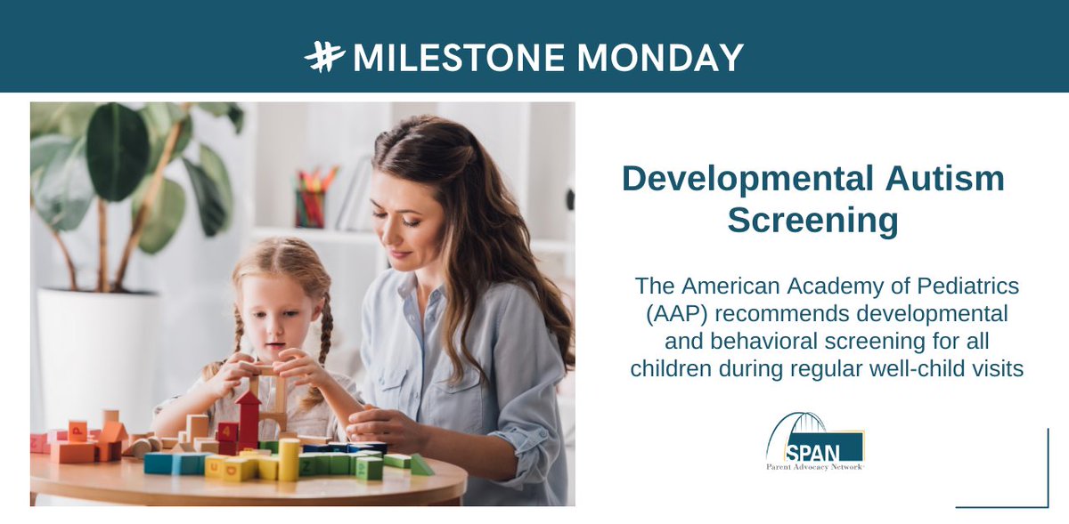 #MilestoneMonday… The American Academy of Pediatrics (AAP) recommends developmental and behavioral screening for all children during regular well-child visits at 9, 18, and 30 months.

Learn more: cdc.gov/ncbddd/autism/…

#ActEarly #BeInformed #AutismSpectrumDisorder #Advocacy