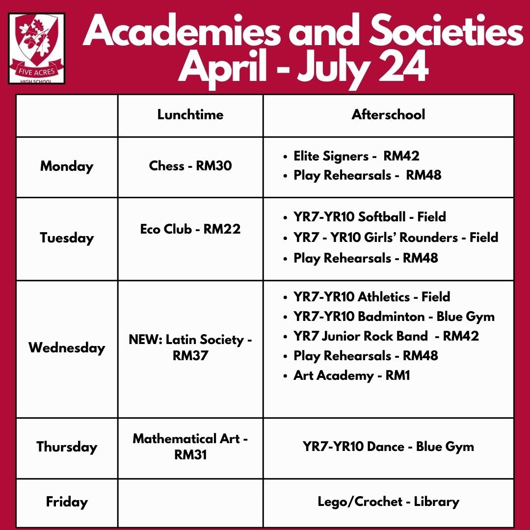 Our Academies and Societies are starting this week. Here's the full programme. If students have any questions, they should speak to the member of staff running each one. Enjoy! #ExtraCurricular #Ambition #Determintation #Creativity #GetInvolved