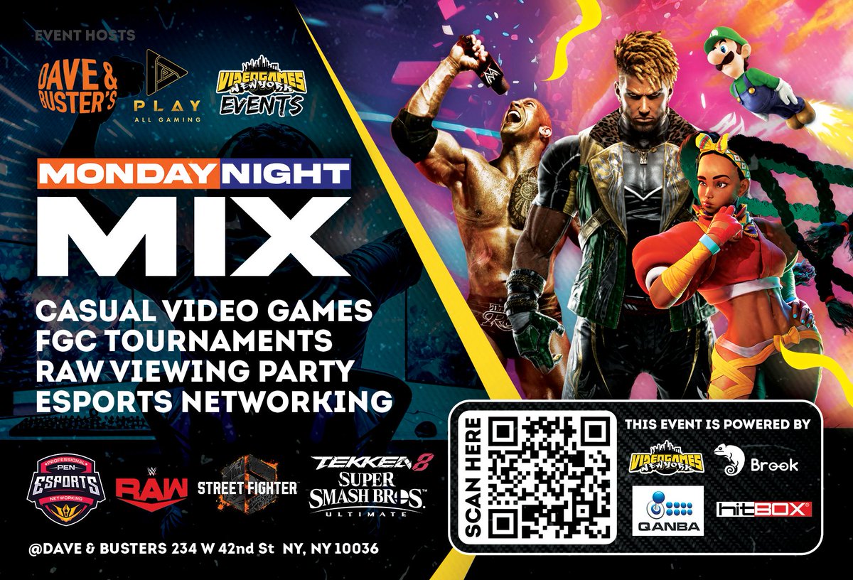 Don't forget that #MondayNightMix is going down tonight at the Times Square 42nd St! There's going to be FREE tournaments for SF6, T8 & Smash Ult! Check out the link below for info and how to join the discord: linktr.ee/mondaynightmix @PlayAllGaming @VGNYevents #NYCFGC #SF6 #T8