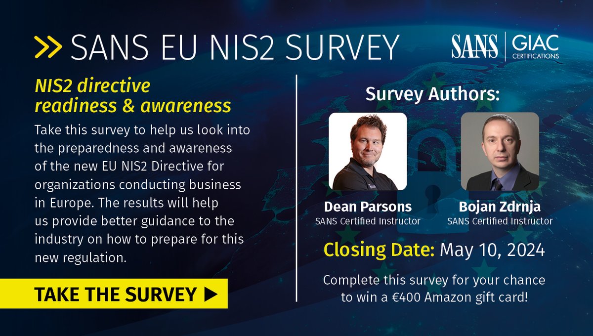 🤝 Strengthen your defenses &amp; advance EU SANS NIS 2 research

<a href="/bojanz/">Bojan Zdrnja</a> explains, “By participating, orgs take a significant step towards bolstering their defenses "

✍️ Complete the survey now → sans.org/u/1vtf

#SANSTraining #Cybersecurity #NIS2 #Compliance