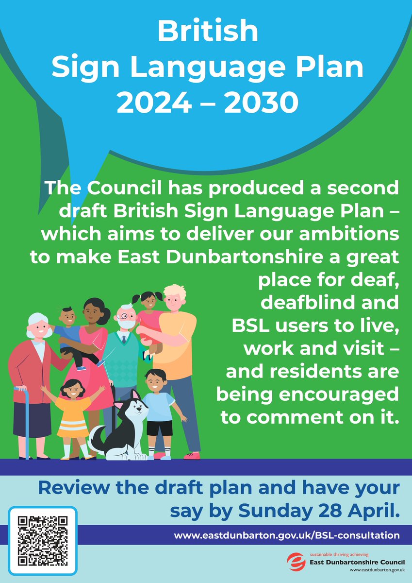 We are currently seeking views on our draft BSL plan. As part of our consultation, a drop in event is being held at Bishopbriggs Memorial Hall on Friday 19 April, 6-8pm. All are welcome. BSL interpreters will be available for members of our deaf community who wish to attend.
