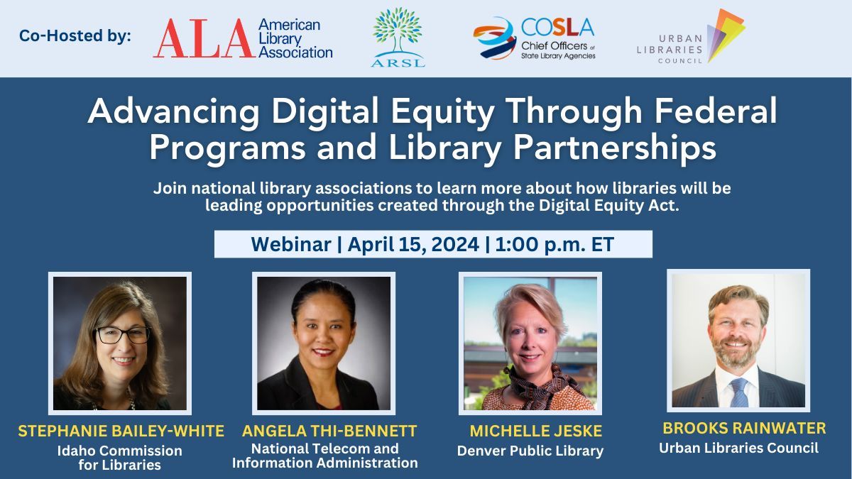 💥 TODAY! 💥 Join national library associations to learn more about how libraries will be leading opportunities created through the Digital Equity Act, which provides $2.75 billion to states through grant programs that promote digital equity & inclusion. buff.ly/494EdO4