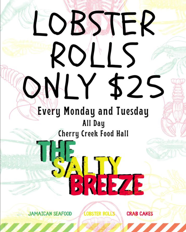 Join us Mon and Tuesday at the @saltybreeze_cherrycreek and enjoy a delicious lobster roll 🦞 🍞 
#cherrycreekfoodhall #denverfoodies #lobsterroll #thesaltybreeze