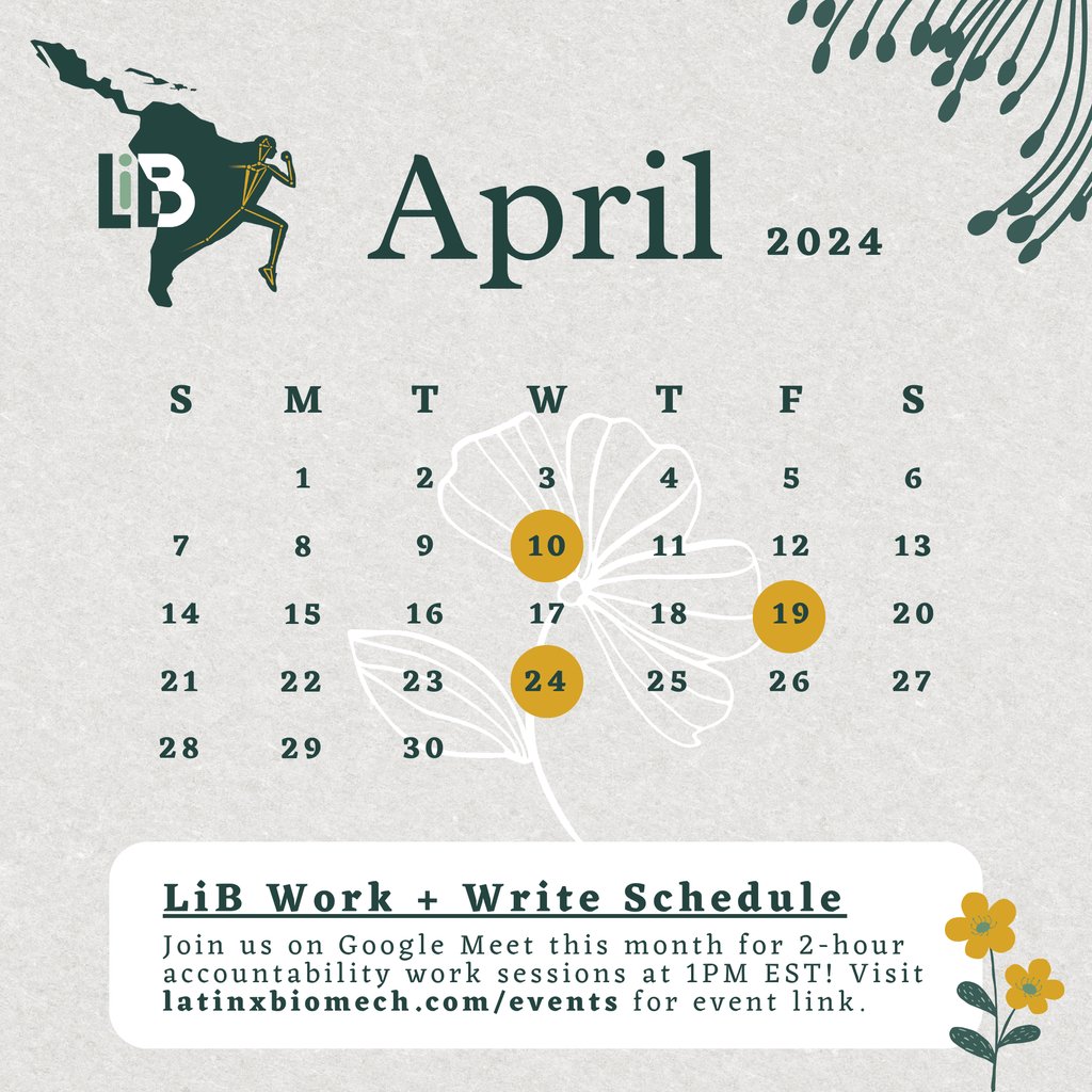 🌼 April Work and Write Schedule 🌷 Allies and non-biomechanists are welcome. 🤗