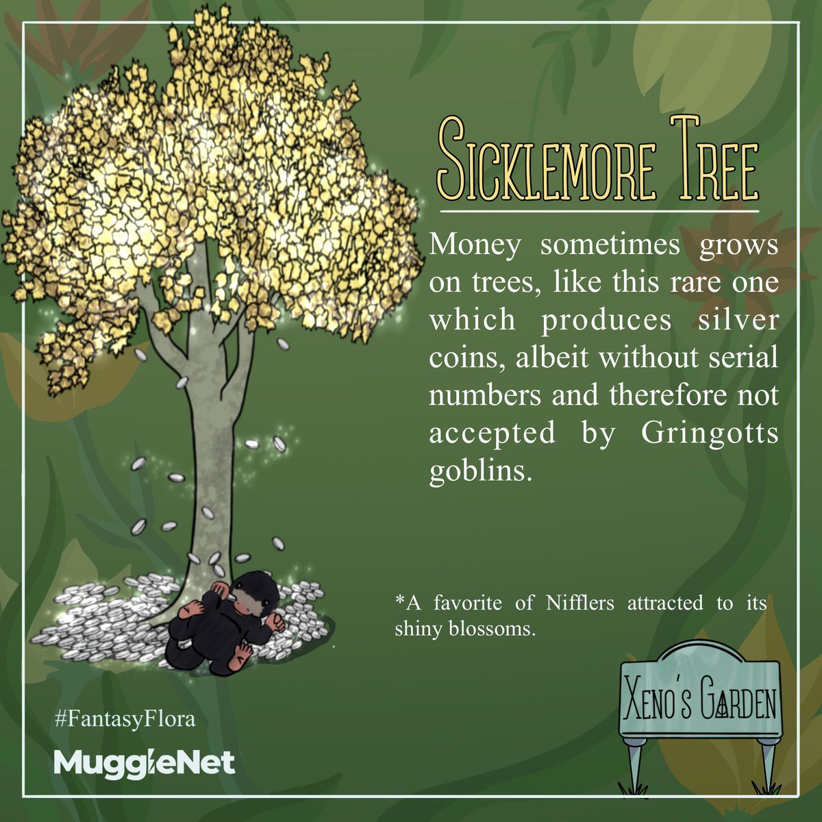 Today in 'Xeno's Garden,' we feature the 'Sicklemore Tree.' This unique tree boasts foliage made of shimmering silver 'Sickles,' making it a valuable addition to any landscape. Unfortunately, the coins do not have serial numbers, making them useless as legal tender. #FantasyFlora