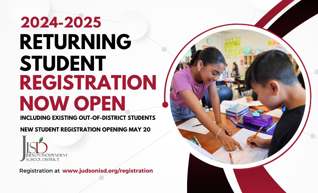 REGISTER NOW! Returning Student Registration begins today, Monday, April 15. 🍎🏫 Get ahead of the game by taking just a few minutes to get your student(s) set for the 2024-2025 school year. 📚✏️ ✨ You can begin the short process here: judsonisd.org/registration. #JudsonISD