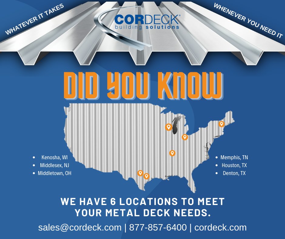 𝔻𝕀𝔻 𝕐𝕆𝕌 𝕂ℕ𝕆𝕎...🔎🤓
We have 6 locations to meet your metal deck needs!👍

Whatever it takes | Whenever you need it 
sales@cordeck.com | 877-857-6400 | cordeck.com

#roofingmetal #deckcomposite #roofingtin #corrugatedmetal #metalroofpanels #metalsupplier
