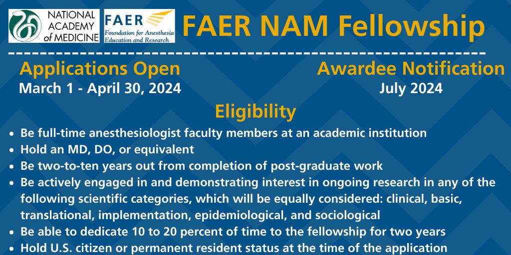 Are you an early career #anesthesiologist interested in participating in the work of @theNAMedicine? If so, consider applying for the FAER NAM Fellowship! Learn more and apply: ow.ly/jiyn50R7WsL!   @FAERanesthesia @theNASEM #anesthesiology