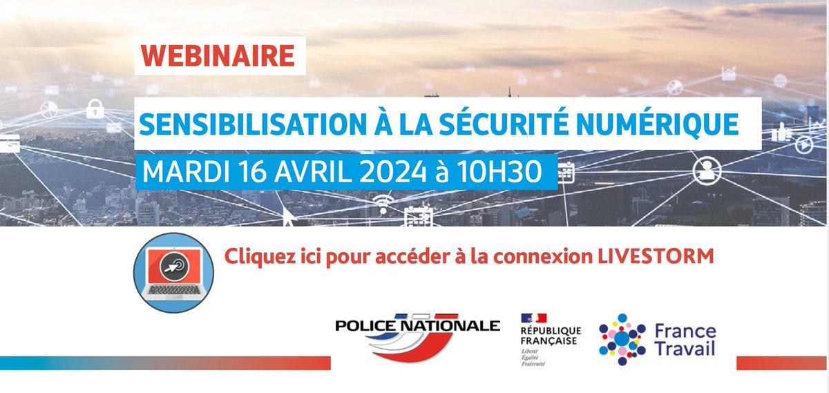 #cybersecurite | 🗓️ Mardi 14 avril à 10H30 @FTravail_NA et les experts de @PoliceNationale organisent un #webinaire de sensibilisation à la #sécurité #numerique 🔐 pour les demandeurs d'emploi 🔗 app.livestorm.co/france-travail… #securitenumerique