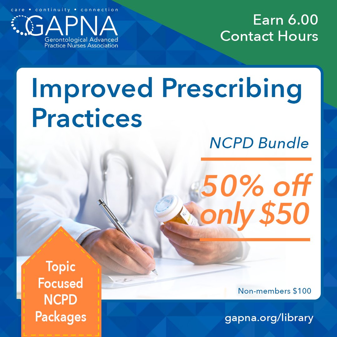 GAPNA_HQ's tweet photo. Explore contemporary approaches to the best prescribing practices for the older adult. This NCPD package focuses on behavioral symptoms in dementia, oral anticoagulants and more. Earn 6.00 contact hours. 

View this and other topic focused packages👇
https://t.co/AGwoikB9eV https://t.co/PLoOEnAD8g