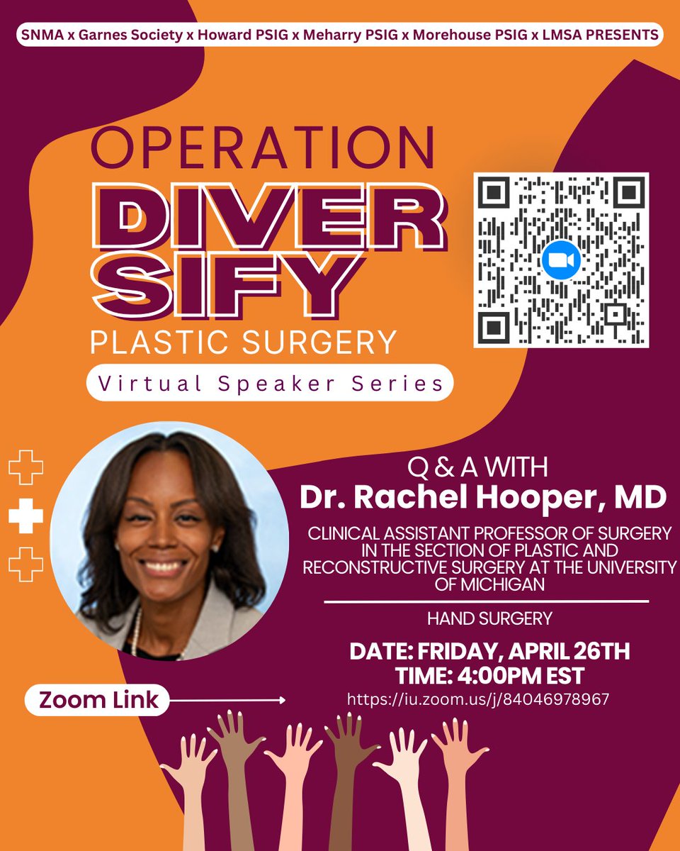 Operation Diversify Plastic Surgery (@diversifyprs) on Twitter photo NEW EVENT ALERT π¨
Back with one of our favorites, hand surgeon extraordinaire and long-time friend of #ODP, <a href="/RachelHooper1MD/">Rachel Hooper</a>, from THE <a href="/UMichSurgery/">Michigan Surgery</a>!
Join us next Friday, April 26th at 4pm EST. Bring all of your burning plastic surgery questions!
Zoom Link Below! NEW EVENT ALERT π¨
Back with one of our favorites, hand surgeon extraordinaire and long-time friend of #ODP, <a href="/RachelHooper1MD/">Rachel Hooper</a>, from THE <a href="/UMichSurgery/">Michigan Surgery</a>!
Join us next Friday, April 26th at 4pm EST. Bring all of your burning plastic surgery questions!
Zoom Link Below!