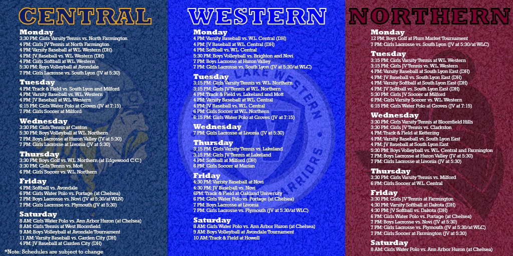 It's a jam-packed week for our student-athletes with plenty of cross-district rivalry events on tap! Here's a look at this week's athletics schedule 💙 #WEareWLCSD @WLCentralHS @WLWAthletics @KnightsWLN @WalledLakeAth
