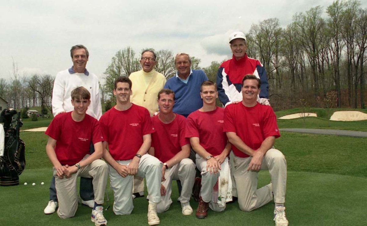 Reg Miller, Griffen Bell, Arnold Palmer, and President Bush, along with caddies, at Caves Valley Golf Club in Owings Mills, Maryland. 05 April 1992 Photo Credit: George Bush Presidential Library and Museum #bush41 #bush41library  #bush41museum