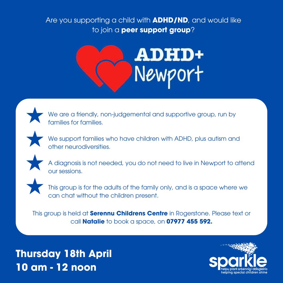 The third Thursday ADHD+ support group takes place this Thursday 18 April at Serennu Children's Centre, 10 am - 12 noon. 

If you would like to attend, please get in touch with Natalie: 07977 455 592 📞💜

#ParentSupport #SupportGroup #ADHDCommunity #ParentingSupport