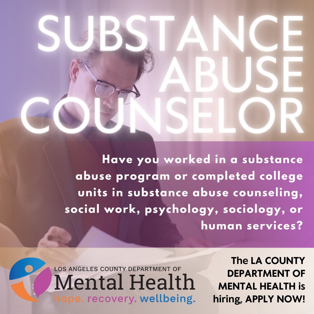 LACountyDHR's tweet photo. The Department of Mental Health is hiring a Substance Abuse Counselor. Apply now: https://t.co/zWz2JG7Pny #lacounty #careers #lacountyjobs #jobhunt #hiringnow #losangeles #countyjobs #jobseekers #nowhiring #jobs #hiring #lacountycareers #veterans #parttime #fulltime https://t.co/rCKie9A2DE