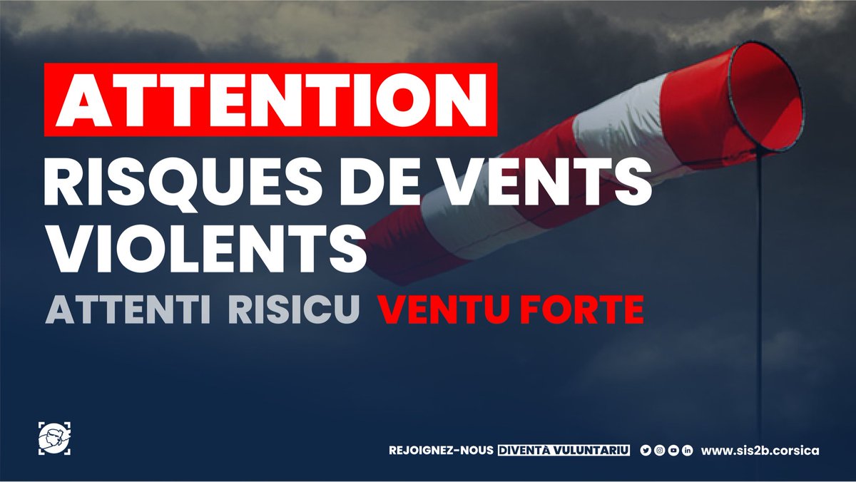 #Attenti ventu forte in Corsica. Dès cette nuit, la Haute-Corse sera touchée par un épisode de vent fort.
⚠️Prenez garde et ne vous exposez pas inutilement.
✅Différez tout ce qui peut l’être : déplacements, activités extérieures...
🚫🔥Écobuages interdits.
Soyez vigilants !