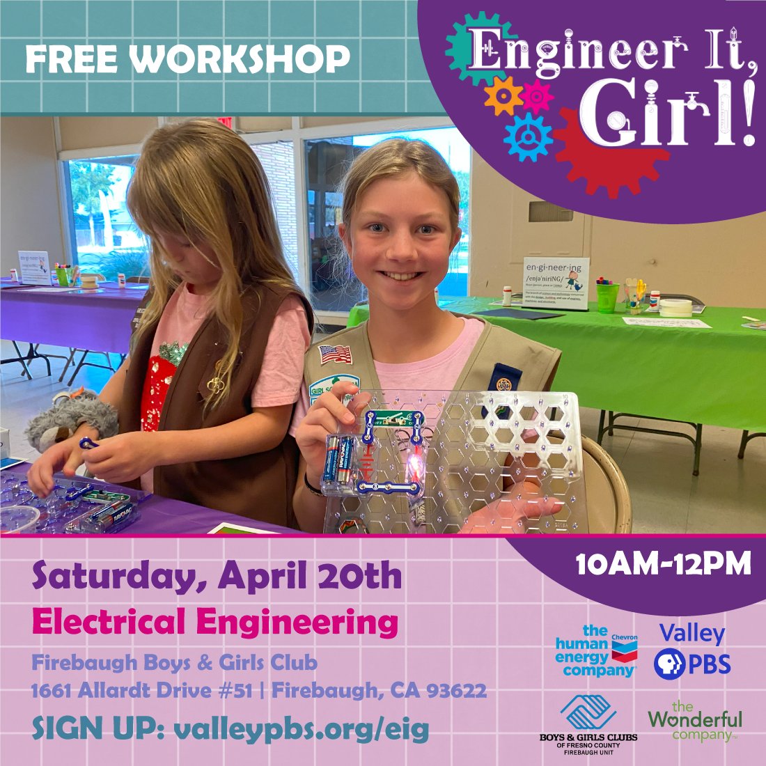 Don't forget that Valley PBS and Chevron will be traveling to Firebaugh for Electrical Engineering on Saturday, April 20th. Sign up now and let’s Engineer It, Girl! Sign up: valleypbs.org/eig