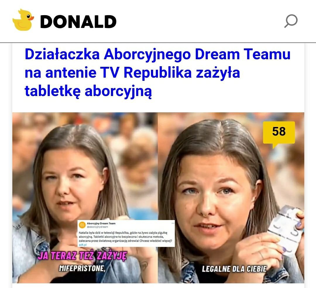 Co tu się wydarzyło:

1. Wczoraj w TV Republika odbyła się debata na temat aborcji.
2. Jednym z gości była działaczka aborcyjnego Dream Teamu, Natalia Broniarczyk.
3. Natalia na wizji wzięła tabletkę aborcyjną, tak o, żeby kobiety oglądające Republikę też wiedziały, że są