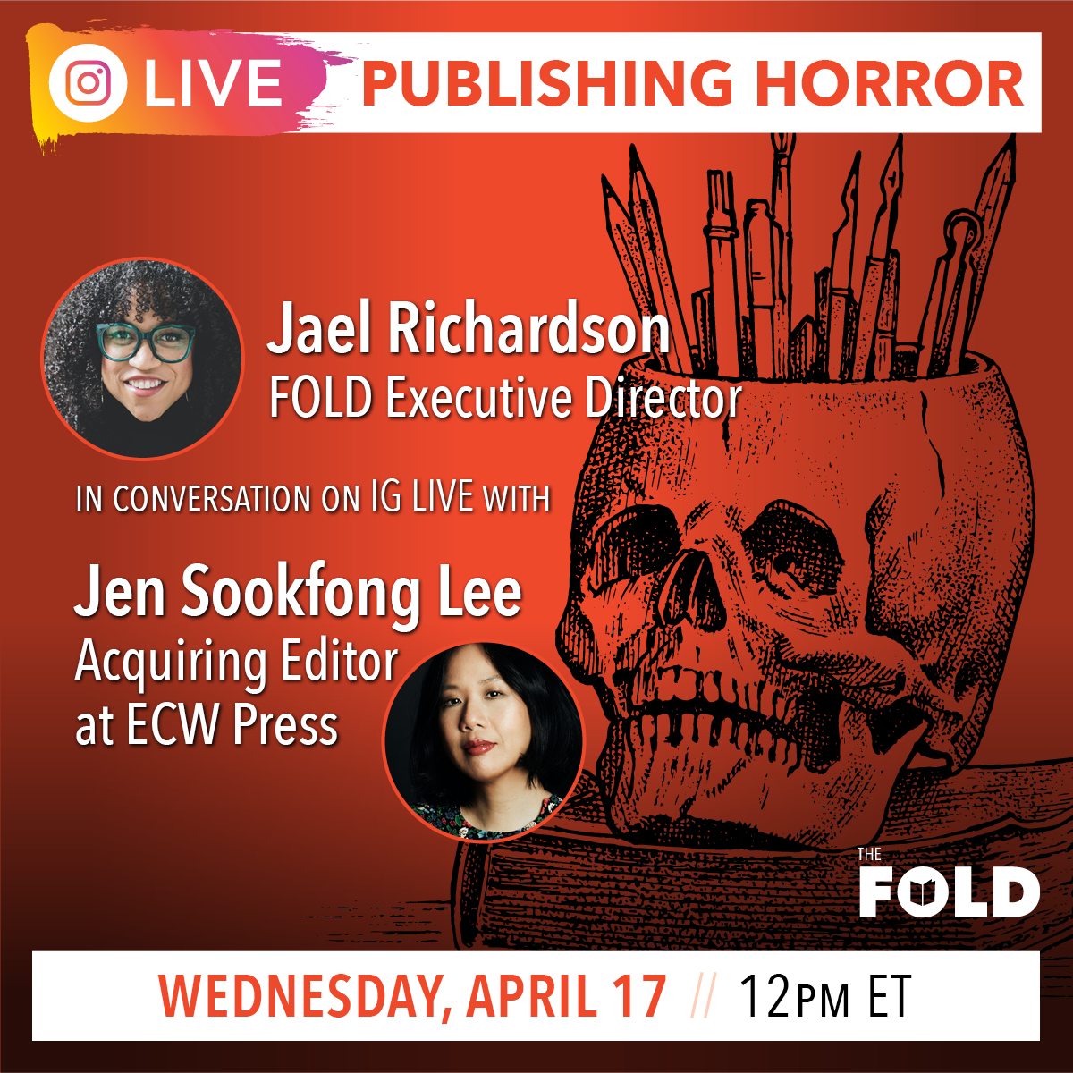 Join @JaelRichardson and @JenSookfongLee for their Instagram Live on PUBLISHING HORROR on Wednesday, April 17, at 12pm ET. Follow us on Instagram (instagram.com/the_fold/) and sit in on the convo.