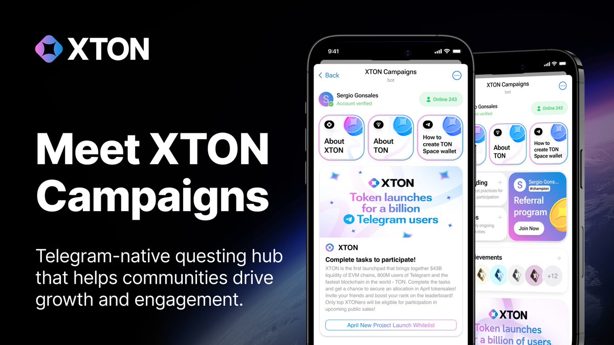 Meet XTON Campaigns—a Telegram-native questing hub that helps communities drive growth and engagement.

Community members complete tasks and earn rewards, while projects can market their products, attracting &amp; building a new audience.