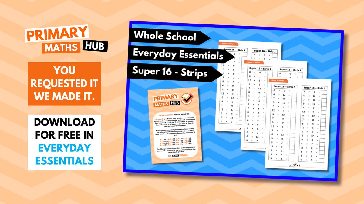 🦸‍♀️Super 16 Update! You requested for Super 16 Question Strips...We created them. Best of all, they are completely FREE! 🧡🧠Target the 16 most challenging times table facts with these super handy question strips. Download via link below! 💙primarymathshub.com/everyday-essen…💙