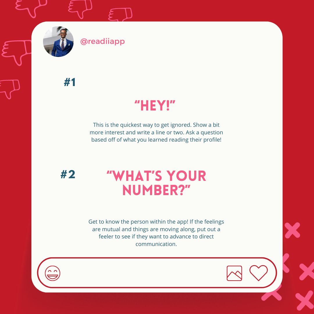 readiiapp's tweet photo. Thinking of joining a dating app? 📲 Here are 4 no-go phrases on Readii that could sink your love ship! 🚫💌 What are your dating app no-nos? Share with us! #DatingTips #ReadiiToLove https://t.co/JQVIrvps9K