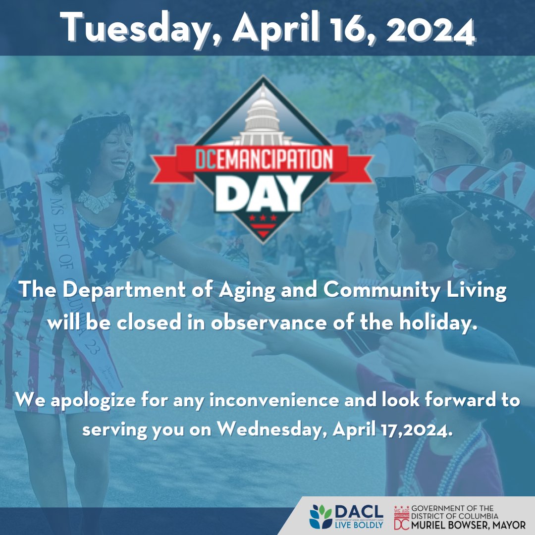 📢 ATTENTION 📢 ALL Senior Wellness Centers will be closed Tomorrow,  Tuesday, April 16th, 2024 in recognition of Emancipation Day. Regular scheduling will resume on Wednesday, April 17th, 2024.  We apologize for any inconvenience.