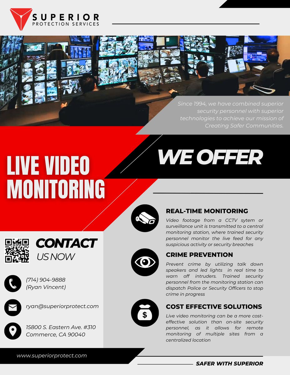 Superior_Pro94's tweet image. 📹🚨 Superior Protection Services Introduces Live Video Monitoring! Our cutting-edge technology ensures real-time surveillance for heightened security. #LiveVideoMonitoring #CuttingEdgeSecurity #SuperiorProtectionServices