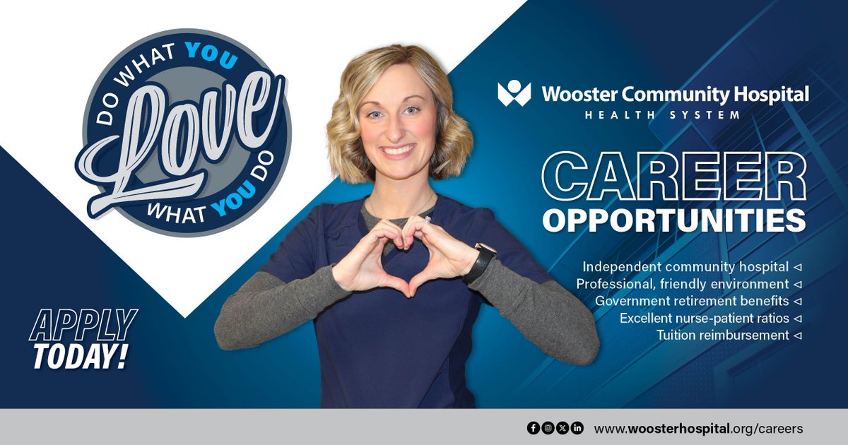 Discover the benefits of working at Wooster Community Hospital – excellent nurse-patient ratios, a supportive culture, and great healthcare benefits. Explore our career opportunities today! woosterhospital.org/about-us/caree… #HealthcareCareers #DoWhatYouLove #WoosterHospital #WCHCare