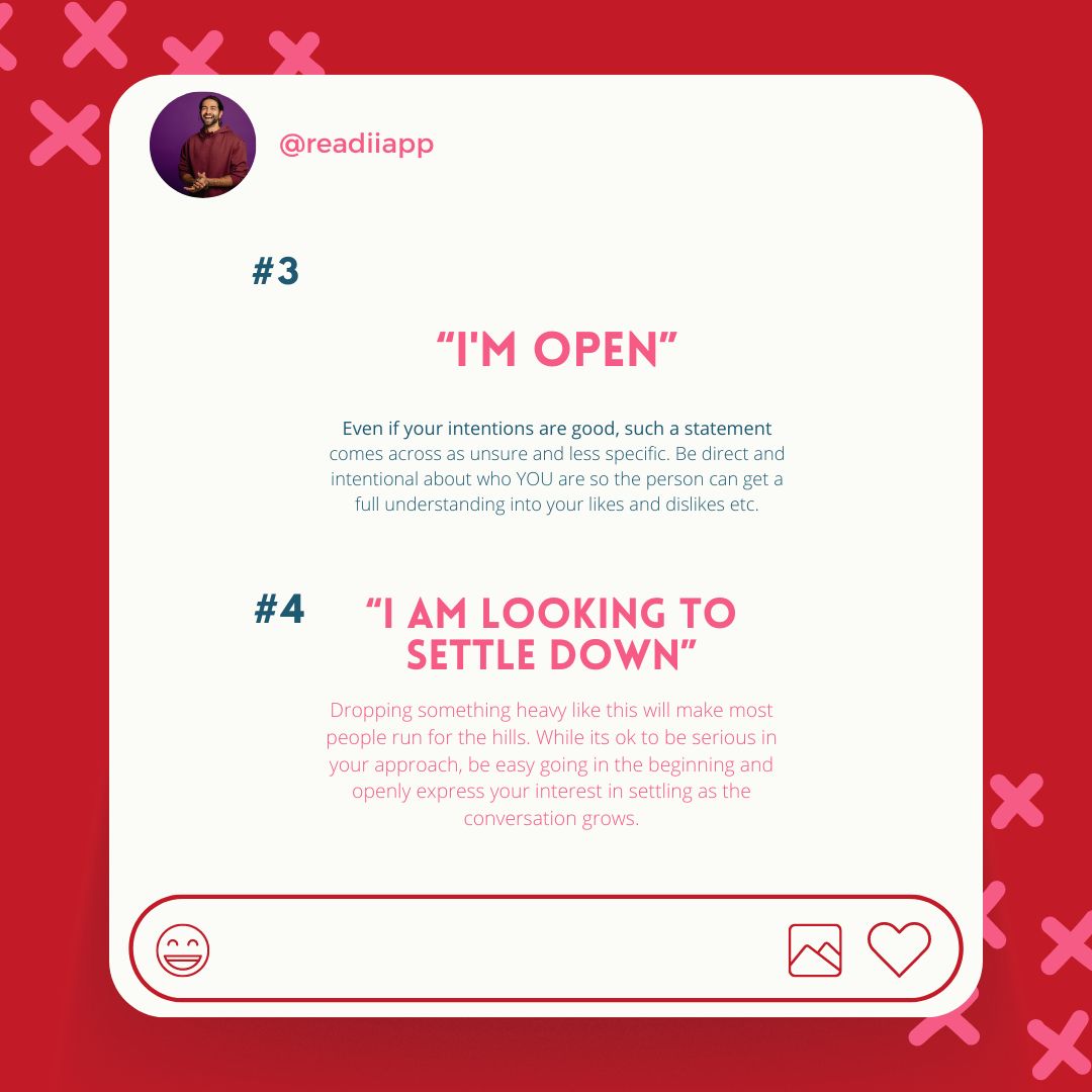 readiiapp's tweet photo. Thinking of joining a dating app? 📲 Here are 4 no-go phrases on Readii that could sink your love ship! 🚫💌 What are your dating app no-nos? Share with us! #DatingTips #ReadiiToLove https://t.co/JQVIrvps9K