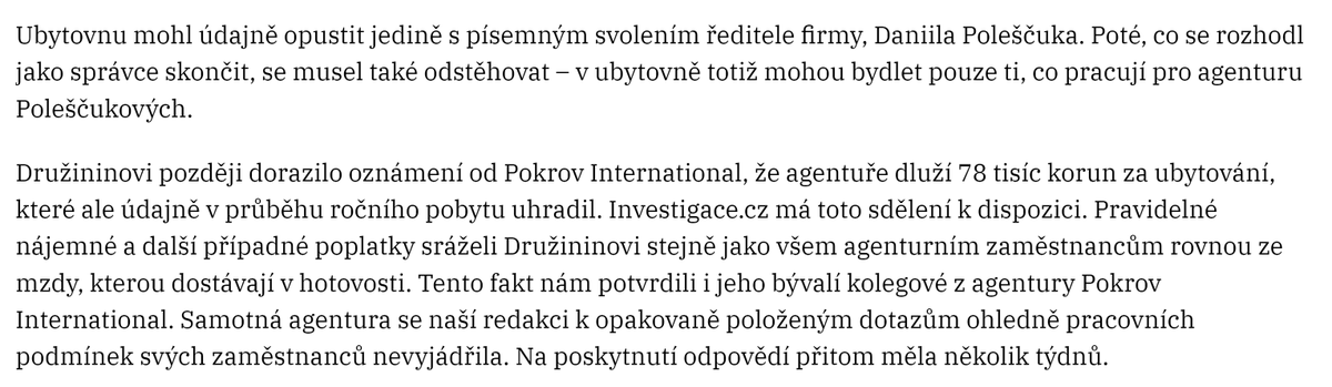 Agenturní zaměstnávání v ČR je strašnej ekl a ukazuje, jak se náš současnej pracovní trh začíná blížit modernímu otroctví.. Dneska cizince sedřou z kůže, zejtra jim seberou doklady..
ale jasný nejdůležitejší je obrana zaměstnavatelů, přece nesou rizika a maj to těžký..
link👇