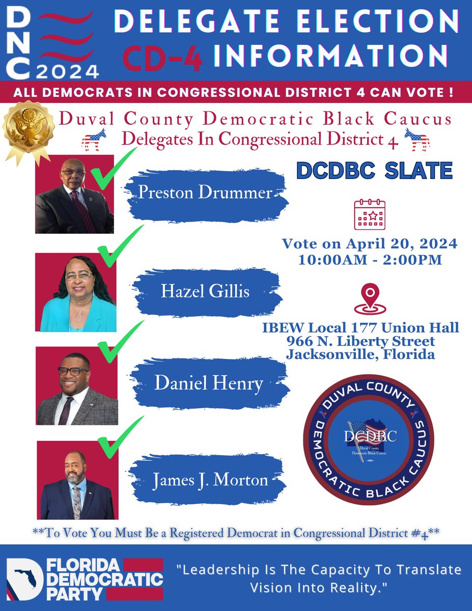DUVALDBC's tweet photo. "📢Attention friends, family, and constituents of Congressional District #4! 🇺🇸 On April 20, 2024, from 10 AM to 2 PM, your vote matters immensely. Join me and my team at 966 Liberty St. Let's make a difference together! #VoteForChange #DistrictFour #DemocracyMatters" https://t.co/5jShVjlgTD