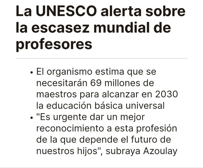 lluismora's tweet photo. A ver, creo que esta imagen que se está mostrando es del año 2016, cuando se estimaba un déficit de 69 millones de docentes en el mundo para 2030.
En el año 2023 el déficit estimado era de 44 millones, se había reducido en 1/3. Sigue siendo un problema.
https://t.co/iqcDknXlBS https://t.co/sL81t5WFZF