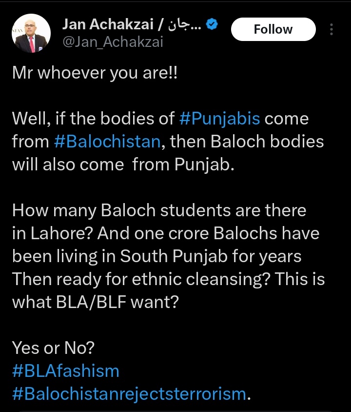 Sarawaan1's tweet photo. Ex spokesperson of  Careraker Govt.  Jan Mohammad Chaudhry 

He threatened "Baloch Genocide " in Punjab while Balochistan is already facing State repression.

Report his Post 👇 https://t.co/LOzdNfnEeh