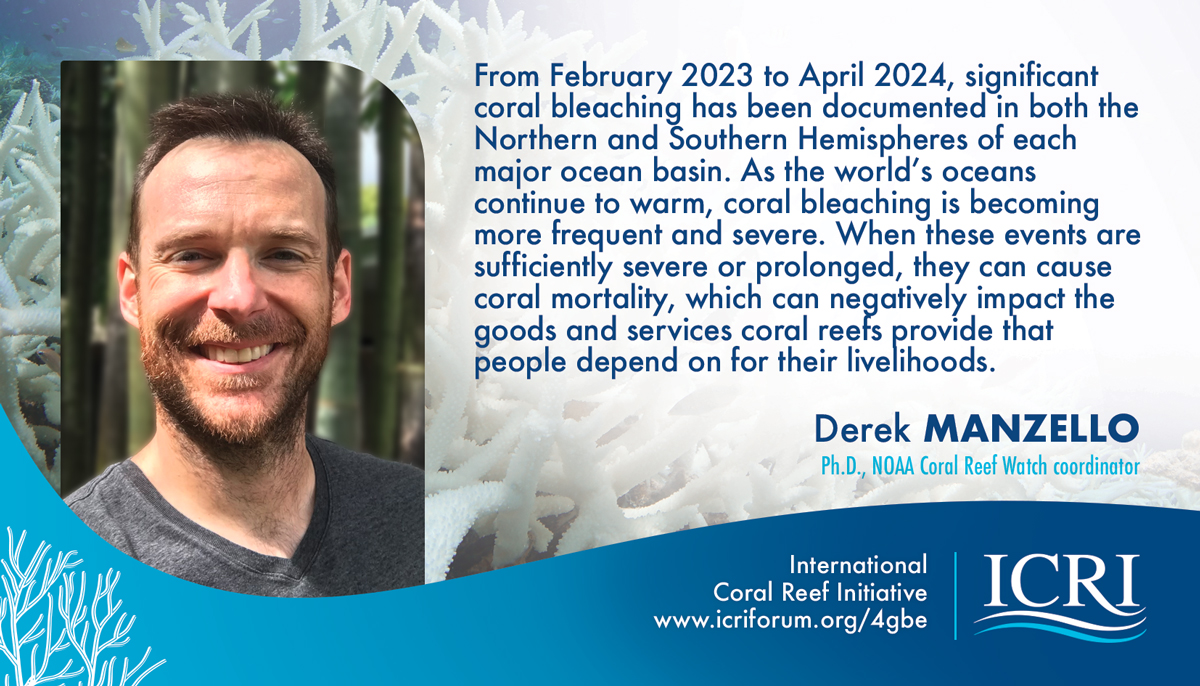Significant coral bleaching documented across all major ocean basins 🪸 Derek Manzello, Ph.D., @NOAA Coral Reef Watch coordinator, explains the impact of prolonged and severe coral bleaching events on #CoralReefs #4GBE